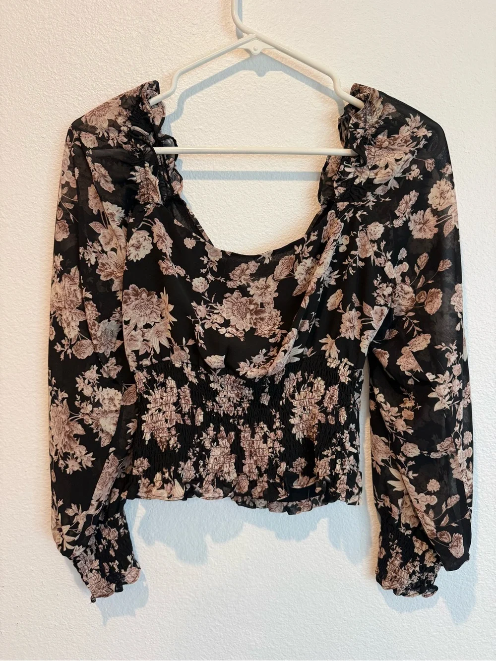 Astr Black Floral Wrap Blouse with Puff Sleeves